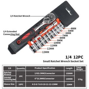 Socket Ratchet Handle Wrench Set 1/4 Inch Kunci Pas Kit Dengan Ekstensi Mata Kunci dan 10 ukuran Soket  Alat Perbaikan Perangkat Tangan