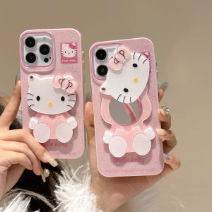 3D เคสศัพท์ลายแมวกระจกสีชมพูสำหรับ iPhone 11 12 13 14 15 16 Pro Max เคสป้องกันการตก ผงกลิตเตอร์ ปกแข็งสำหรับ iPhone 16 Pro Max