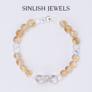 SINLISH Elegant Citrine Bracelet Natural Yellow Crystal with Diamond-Style Centerpiec