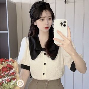 Áo Sơ Mi Đũi Xốp Nơ Đen Viền Ngọc Cực Xinh Đẹp