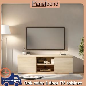 Panelbond 55" TV Cabinet with Two Doors and Solid Wood Legs Multi-Function Media Control Center with 2 Cable Holes for Living Room Bedroom