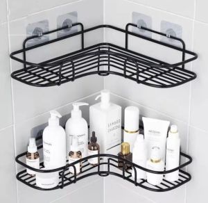 Punch-free Korean style bathroom tripod toilet vanity wall-mounted shelf toilet toilet kitchen Bathroom Shelves Adhesive Shower Caddy Metal Bathroom Corner Shelf Wall Mounted Non-Drilling Floating Shelf for Bathroom Organizer/Kitchen/Shower Organizer