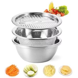 Baskom Parut Stainless Steel/Parutan Baskom Saringan 3in1 Stainless Steel Dapur 26CM
