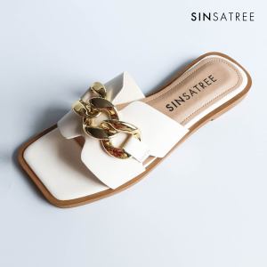 Sinsatree SSTS001 รองเท้าแตะส้นแบน ตกแต่งโซ่ทอง