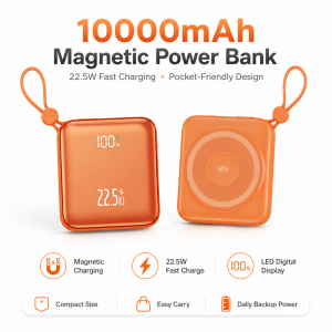 LYNXZ 10000mAh Mini Magnetic Power Bank 22.5W Fast Charging Portable Battery Pack with LED Display Built-in Dual Cables for iPhone /Android 1-Year Warranty