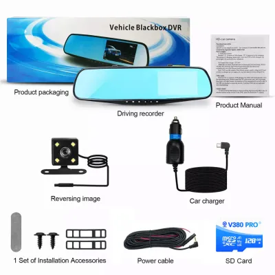 Full HD 1080P Car Video Camera with Dual Lens dashcam for Vehicles Front & Rearview Mirror Car DVR Dash Cam with Reverse Parking System Mirror Video Rear Cam with LED dashcamera for car