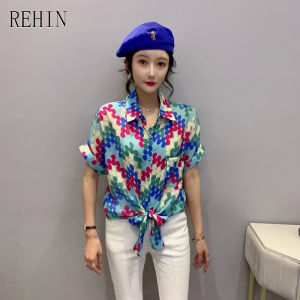 REHIN Womens top Summer new loose print colour blocking lapel letters short sleeve shirt