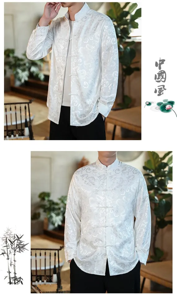 Men White Satin Mandarin Collar Silk Shirts Collar Chinese Dress
