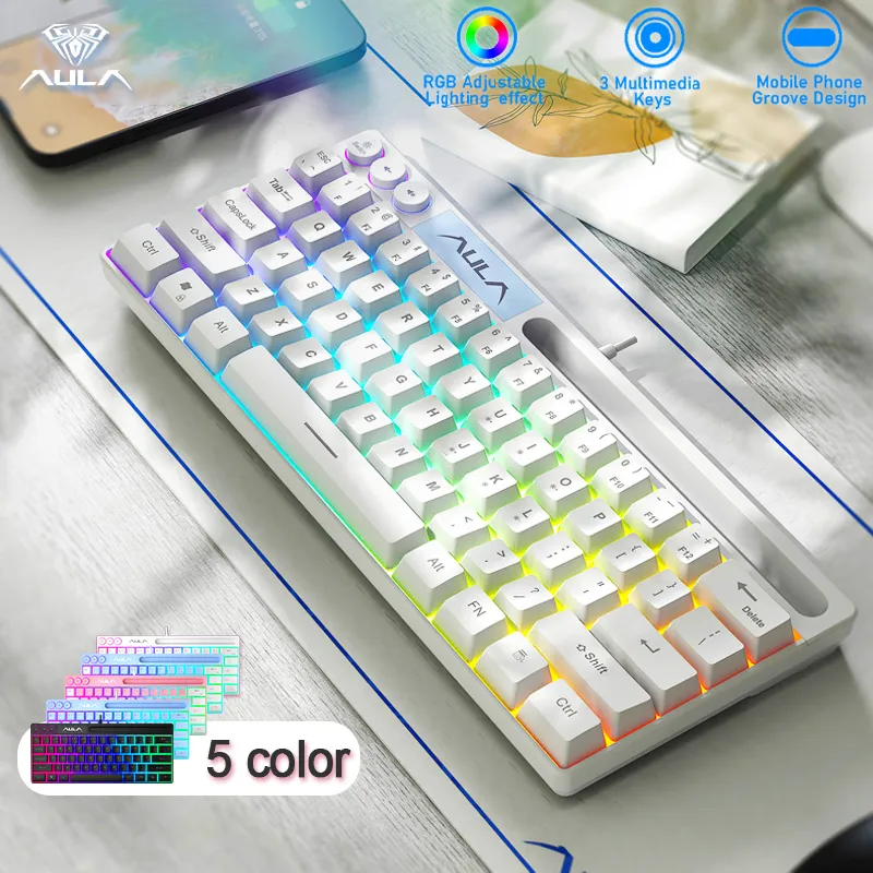 AULA F3061 61 Key RGB Mini Gaming Keyboard RGB Adiustable Lighting Effect Mobile Phone Groove Design for computer laptop Gamer PC office game travel