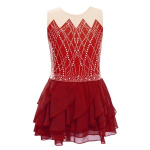 Kids Girls Ballet Dance Tiered Skirts Dress Rhinestones Gymnastics Leotard Sleeveless Jazz Figure Skating Competition Costume2026