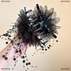 [COD] WEICHENG Fashion Black Mesh Flower Hair Clip Women Shark Ponytail Clip Headdress Temperament Flower Hair Claw Headwear