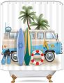 Riyidecor Beach Surf RV Fabric Shower Curtain Set for Bathroom Decor 72Wx72H Inch Coastal Theme Bath Accessories for Men Boys Tropical Palm Trees Pattern Camping Car Bathtub 12 Pack Plastic Hooks. 