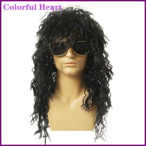 Colorful Heart Men Wig Black Long Curly Wig Male Synthetic Cosplay Wigs Puffy High Fiber Machine for Rock Party Fluffy Nightclub Bar Wig