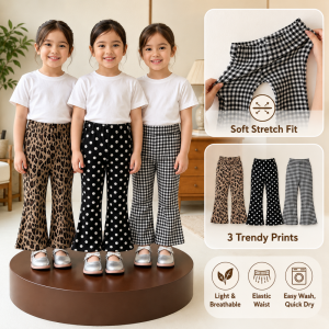 AILEBE Kids Pants Lightweight Breathable Summer Flare Pants For Girls Soft Stretchy Fabric With Elastic Waist 3 Trendy Prints Micro Flare Leg Easy To Match Perfect For School Outdoor Play Daily Wear Pambahay OOTD Ages 1-10 Years