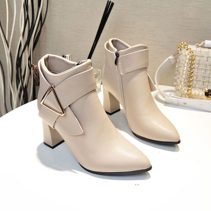 Korean Beige High-Heeled Martin Boots 2024 New Pointed Toe Thick-Heeled  women's short fashion ankle boots inches Lazada PH