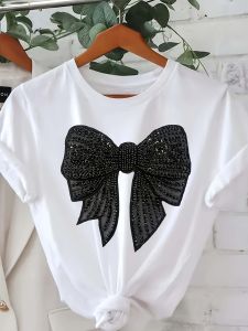 Women's Sparkly Black Bow T-Shirt - Short Sleeve Glittery Sequin Detail Casual Crew Neck Top