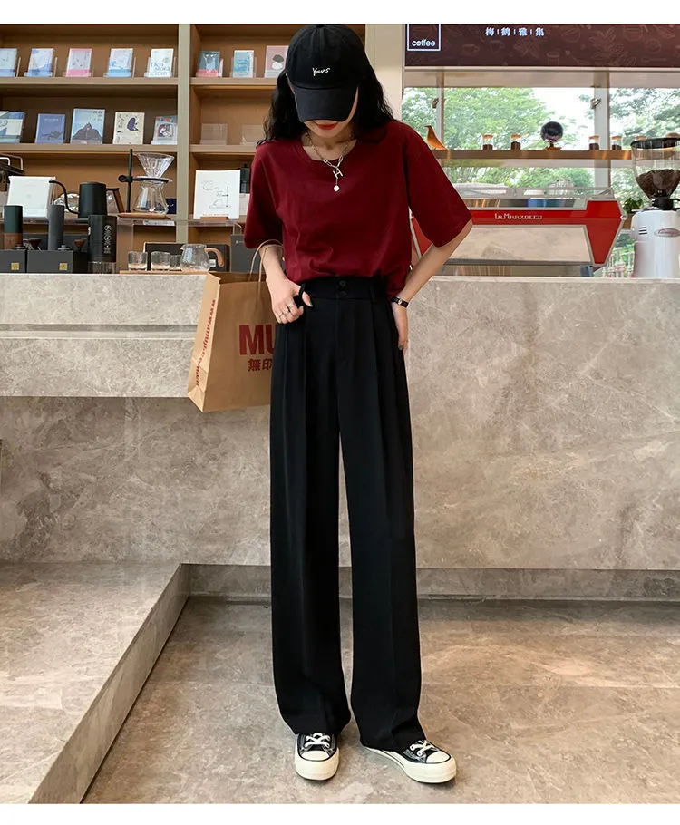 Korean Black Wide Leg Pants Outfit Ice Silk White Wide Leg