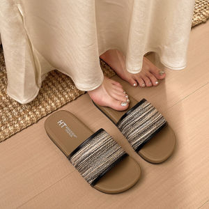 [Free Shipping] New Woven Striped Flat Sandals For Summer Non-Slip Retro Style Fashionable Versatile WomenS Slippers