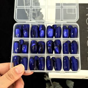 PLNBFG 144Pcs Oval Cat Eye False Nails Removable Glossy Dark Blue Fake Nails Short Medium Full Cover False Nails Women