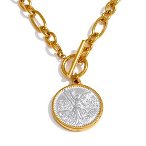 Yhpup Round Double Sided Angel Pendant Drop Necklace Stainless Steel Golden Chain Toggle-Clasps Statement Jewelry Waterproof