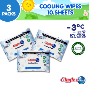 Giggles Plus Cooling Wipes 10 Sheets ( 3 packs) – Refreshing Gentle Moisturizing Multipurpose & Travel Pack