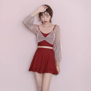 Luoke Red New Two-piece Swimsuit Fairy Fan Cover Belly Show Thin Conservative Princess Swimming Skirt Women Long Sleeve Korean Style Swimming Suit Hot Spring