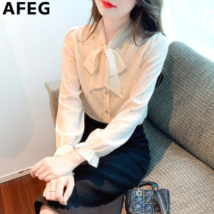 AEEG new Korean version of the bow style loose print chiffon long sleeve blouse for Women
