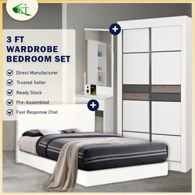KT FURNITURE Bedroom Set 3ft Sliding Door Wardrobe Queen Bedframe Bedside Dressing Table Set Bilik Tidur 3 Kaki