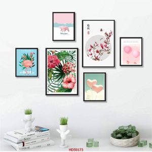 Bộ 6 tấm tranh treo tường Hoa Lá Tropical Phong cách Bắc Âu (4 tấm 20x30cm + 2 tấm 30x40cm) trang trí phòng khách - phòng ngủ - văn phòng chất liệu gỗ in tráng gương