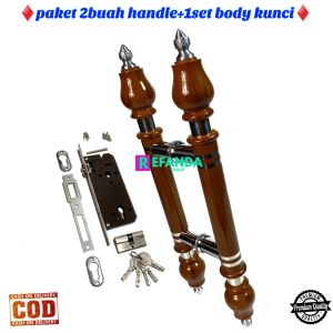 gagang tarrikan handle pegangan pintu rumah minimalis pilihan panjang 40cm dan 60cm bahan kayu dan stainless model baut tembus lohan full natural untuk pintu depan dan kamar set body kunci