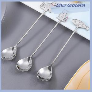 Ditur ภาพวาดน่ารักช้อนสแตนเลส304แมวกลวงสำหรับกาแฟชาขนมช้อนบนโต๊ะอาหารของขวัญสำหรับนักเรียนเด็ก