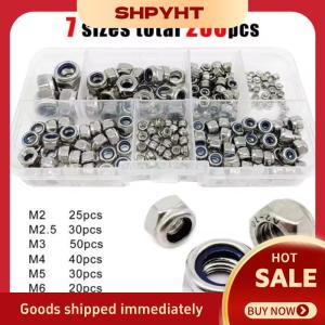 SHPYHT✨ 200pcs Hex Nylon Insert Self Lock Nut Nylock Locknut Assortment Kit Set M2 M2.5 M3 M4 M5 M6 M8 304 A2-70 Stainless Steel