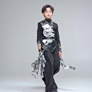 Kid Chinese Style Hip Hop Clothing Black Dragon One Shoulder Vest Casual Wide Leg Pants for Girl Boy Jazz Dance Costume Clothes2026