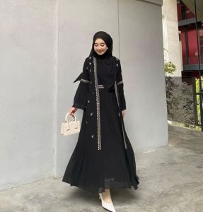 Safwa Abaya Dress Bordir Bahan Ceruty Babydol Full Furing Busui Friendly Dua Layer Tali Pinggang Dress Lebaran Wanita Fashionable remaja kekinian Abaya Simpel Elegan Mewah Gamis Kondangan