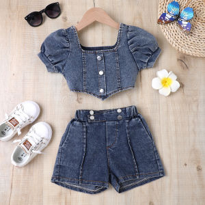 Europe and America Cross Border Childrens Clothing Girls Summer Shrink Collar Bishop Sleeves Top Floral Pattern Craft Multi-Button Denim Suit