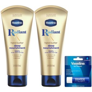 Vaseline Lotion Radiant X Deep ment Hand Butter 2-Pack for Dry Skin + Original Vaseline Lip Therapy Stick for Dry Lips with Petroleum Jelly (3 Piece Set)