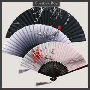[Creative] Chinese Silk Folding Fan Wooden Shank Classical Dance Fan Home Decoration