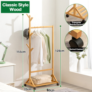 Bamboo Clothes Hanging Rack 50/60/80/100CM Space Saving Movable Bedroom Clothes Rack Coat Rack Stand With Wheels
