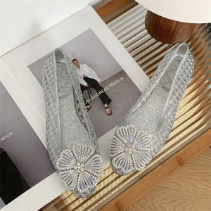 [Free Shipping] Korean Crystal Jelly Shoes With Sparkling Rhinestones And Floral Design Pointed-Toe Sandals For Women Elegant Shallow Sandals For Seaside Vacations Transparent Sandals