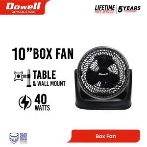 Dowell 10" Box Fan Black with 3 Leaf Blade Top Switch | BF-2510M