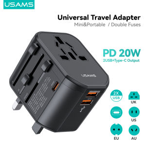 USAMS 12W/20W Universal Travel Adapter Power Adapter PD20W Fast Charge With UK/US/EU/AU Plus Worldwide Travel Plug 2USB Charging Ports International Wall Adapter & Universal AC Socket for Travelling over 200 countries
