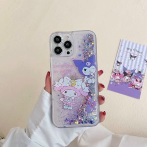 Cute Cartoon Kuromi My Melody Quicksand with Luminated Shockproof Cases for iPhone 15ProMax 14ProMax 13ProMax 12ProMax Kuromi.Melody Phone Cases for Apple 15 14 Plus 13 12 11 Cellphone Cover for 15Pro 14Pro 13Pro 12Pro Protective Back Shell