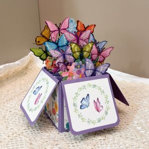 NUBE Floral Butterfly Design 3D Pop-Up Greeting Card Premium Quality Festival Use Butterfly Bouquet Invitation Cards Creative Handwritten Note Thank You Card Mothers Day