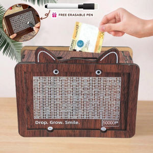 KIDSCOMPANY Creative Piggy Bank for Kids - Wooden Design - 50000P Capacity - Drop Grow Smile - Free Gift Included