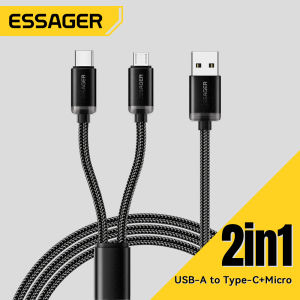 Essager 2A USB A to Type C+Micro Cable 2 in 1 Wires For Huawei Samsung Xiaomi POCO Oneplus Realme Mobile Phone USBA-Type-C+Micro Fast Charge Cables Power Banks HandheId Fans Headphones Desk Lamps Fast Charging Data Wire Cord