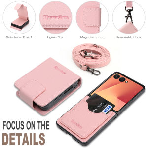 2in1 Leather Wallet Case for Samsung Galaxy Z Flip 7 Fe 6 5 4 3 Fe Flip7 Flip6 Flip5 Flip4 Shell Cash Card Slots Phone Cover WIth Hand Strap