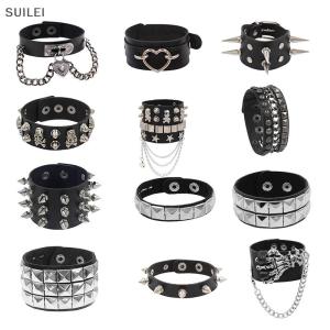 【Flash Sale】COD 90s Fashion Punk Style Bracelet Personality PU Leather Three Rows Spikes Square Bracelets Bangle 2024 Party Jewelry Gift