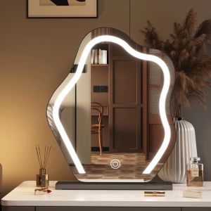 Round LED Vanity Mirror 3 Color Light Stepless Dimming Desktop Makeup Mirror with Backlight for Home Bathroom Use