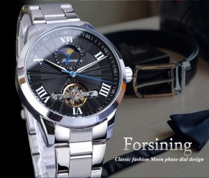 New Forsining mens stainless steel tourbillon design black moon phase dial automatic mechanical watch top brand luxury. Mens gift