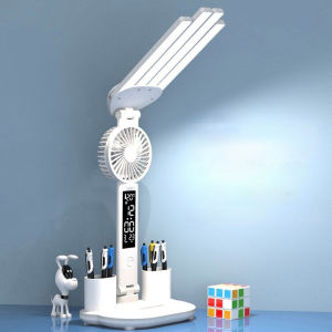 Đèn học sạc tích điện đèn chống cận tích hợp quạt đông hồ màn hình Led